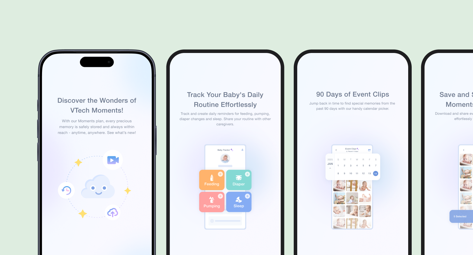 Three onboarding screens introducing VTech Cloud, each pairing a short line of copy with the Cloud character.