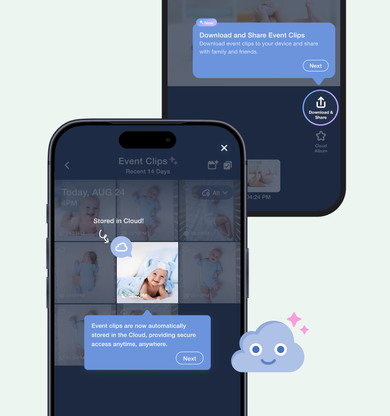 A guided-tour tooltip highlighting the event-clips gallery, with the Cloud character alongside.