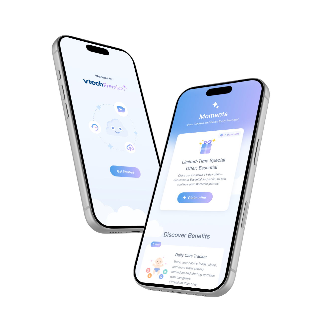 Two phone screens from the MyVTech Baby Plus app: a “Welcome to vtech Premium” onboarding screen, and a Moments screen offering a limited-time Essential plan alongside a Discover Benefits list.