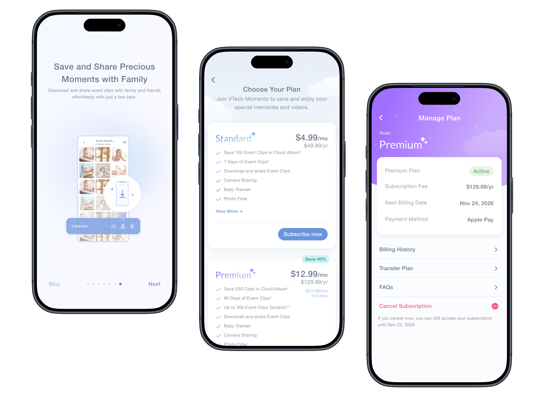 Three MyVTech Baby Plus app screens: the Cloud onboarding carousel, a Choose Plan screen comparing subscription tiers, and a Manage Plan screen listing payment and plan settings.