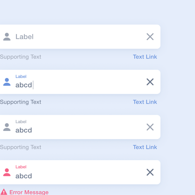 Five stacked text-field components, each with a label, a value and supporting text.