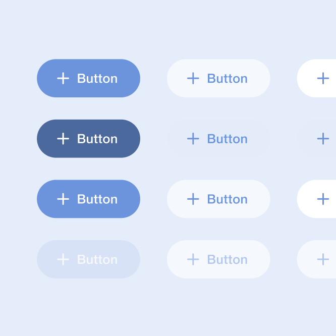 A grid of twelve button components in filled, outlined and disabled states.