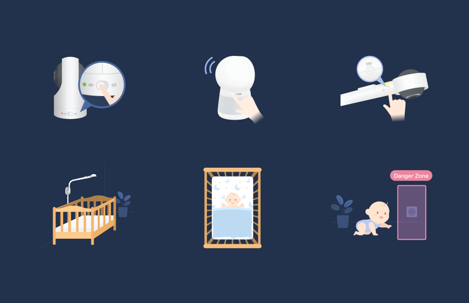 Six illustrations on a midnight navy field: a bottle, a swaddled baby, a hand adjusting a camera, a crib, a framed photo and a baby beside a phone.