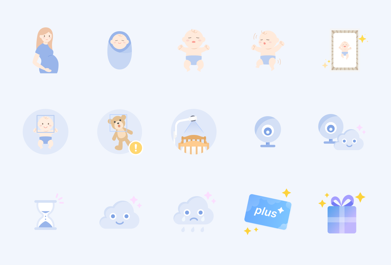 Fifteen illustrations on a pale blue field sharing one baby character and colour theme — a pregnant figure, a swaddled newborn, a crib, a teddy bear, cameras, a cloud and a gift.