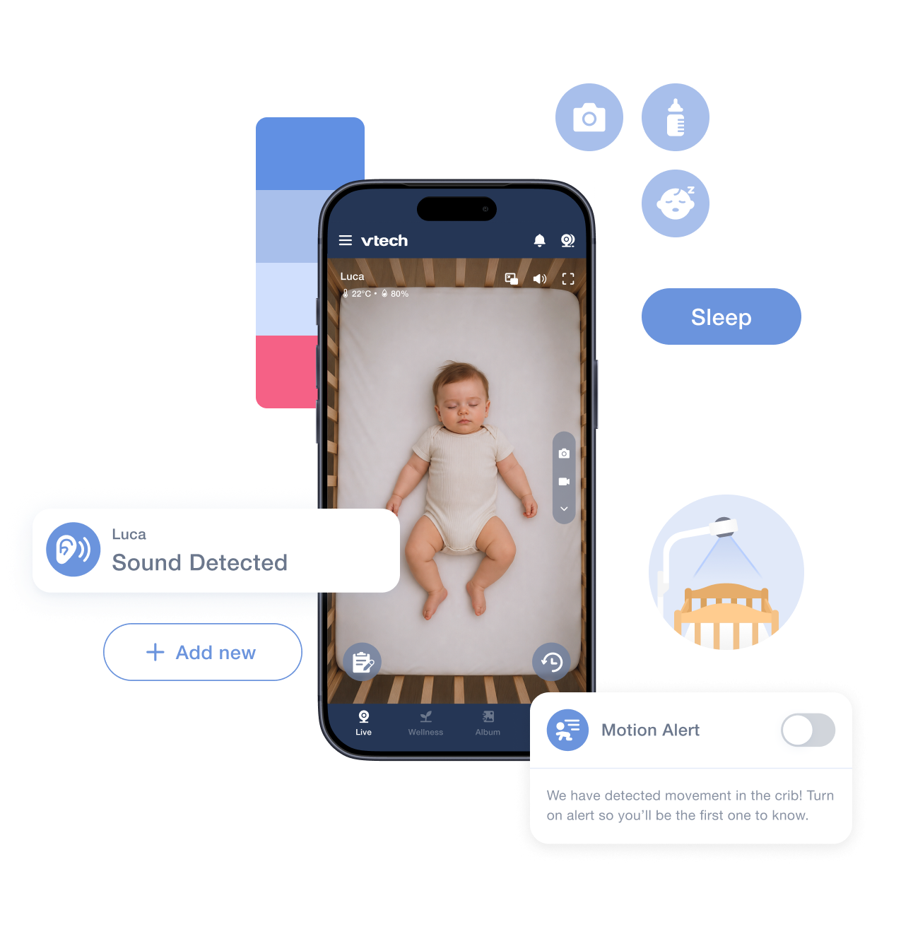 A phone showing the live crib view of a sleeping baby, ringed by pieces of the design system: a column of colour swatches, three round icon buttons, a blue “Sleep” pill, a “Sound Detected” notification, an “Add new” button, a crib illustration, and a “Motion Alert” card with a toggle.