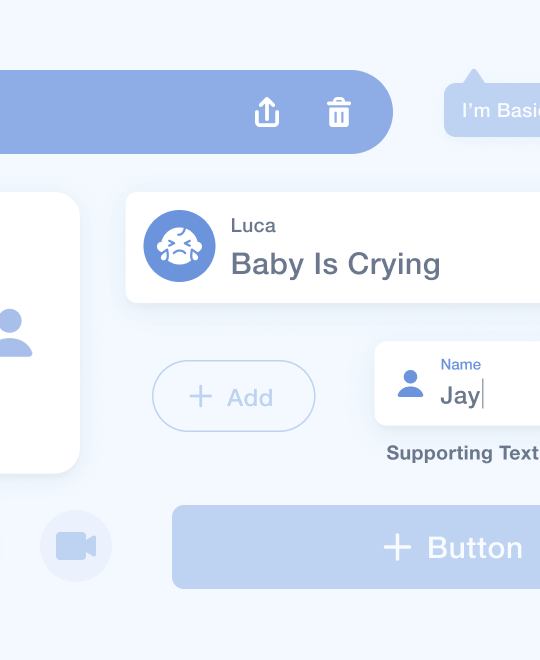 A scatter of interface components — text fields, an in-app notification, a tooltip, a toolbar and buttons — overlapping on a pale blue field.