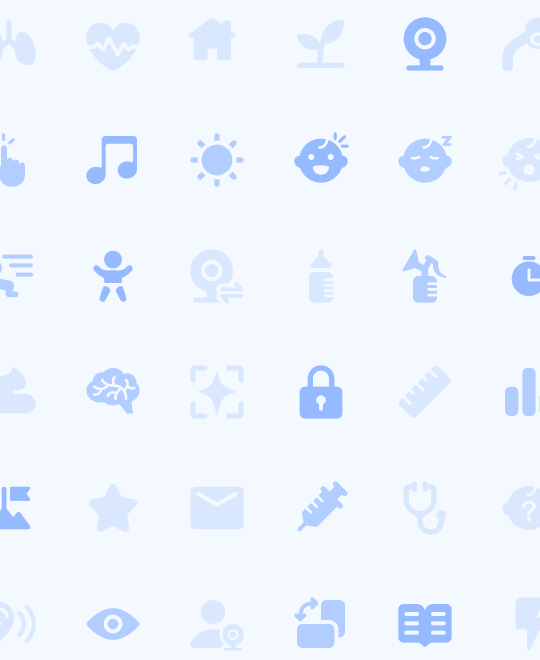 A grid of roughly fifty line icons — baby, monitor, chart, heart and camera symbols among them.
