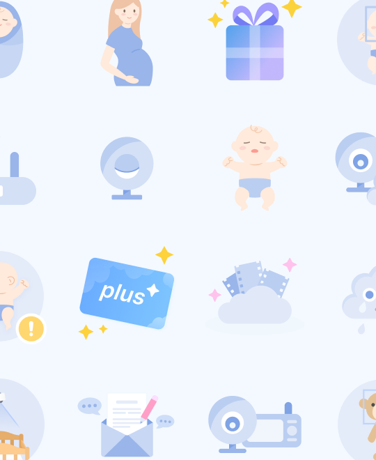 A grid of illustrations sharing one baby character: a pregnant figure, a swaddled newborn, a crib, a soother, a camera and a gift.
