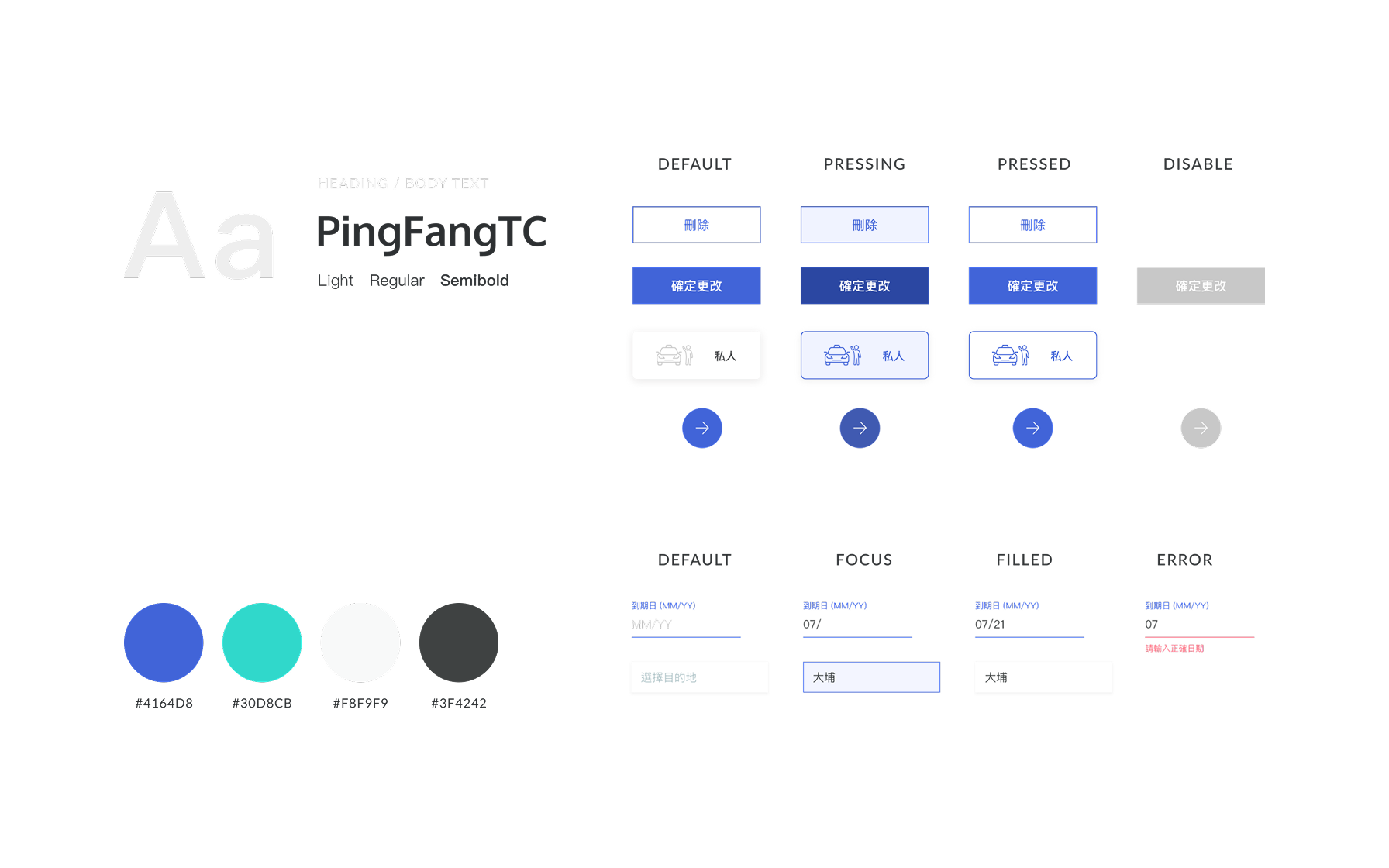 The design system sheet: the PingFangTC typeface in Light, Regular and Semibold, buttons in default, pressing, pressed and disabled states, text fields in default, focus, filled and error states, and the four-colour palette with its hex values.