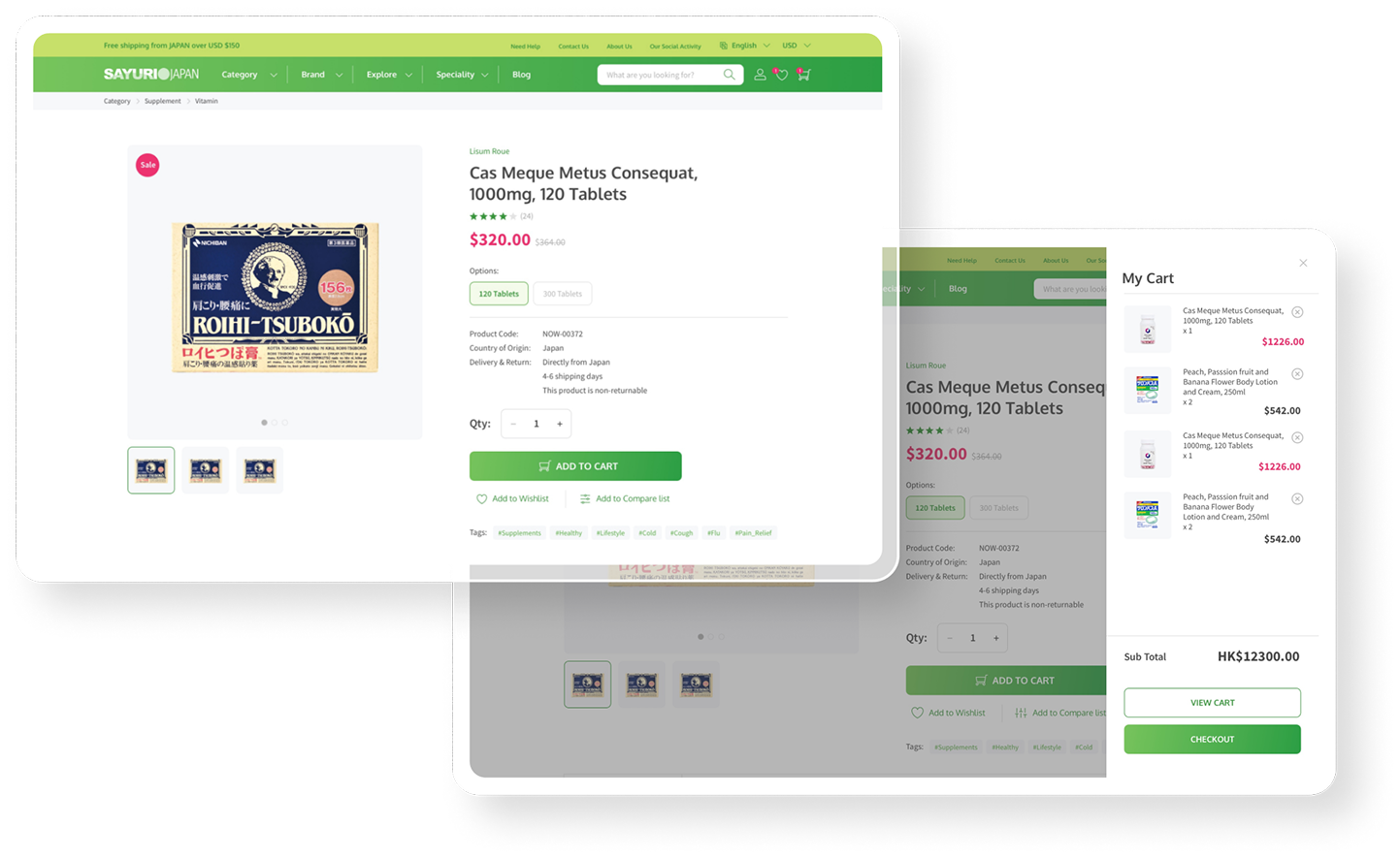 The product page and cart, as two overlapping screens: a supplement detail view with a thumbnail strip, star rating, pack-size options, country of origin, a quantity stepper and an Add to Cart button; and the slide-out My Cart panel listing line items with quantities, a subtotal, and View Cart and Checkout buttons.