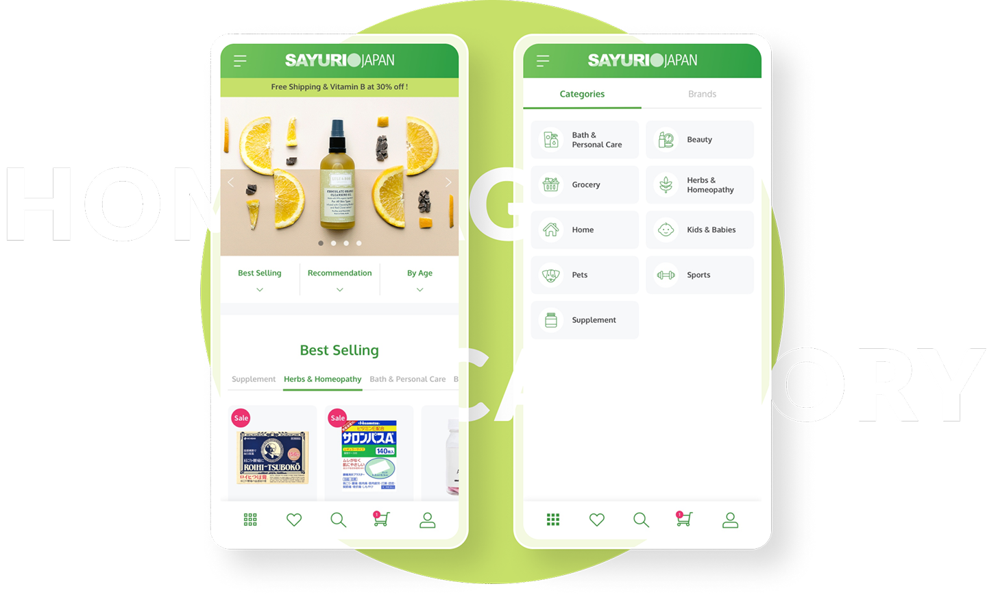 Two mobile screens on a green disc, captioned HOME and CATEGORY: the app home with a product carousel and Best Selling tabs, and a category list showing Bath & Personal Care, Beauty, Grocery, Herbs & Homeopathy, Home, Kids & Babies, Pets, Sports and Supplement.