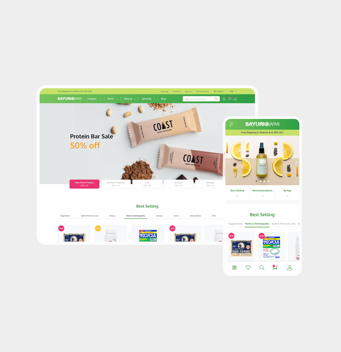 The Sayuri Japan storefront: the desktop homepage on a rounded card — a green navigation bar, a “Protein Bar Sale — 50% off” banner over two COAST bars, a row of category promotions and the start of a Best Selling grid — with the mobile homepage standing in front of it at the right.