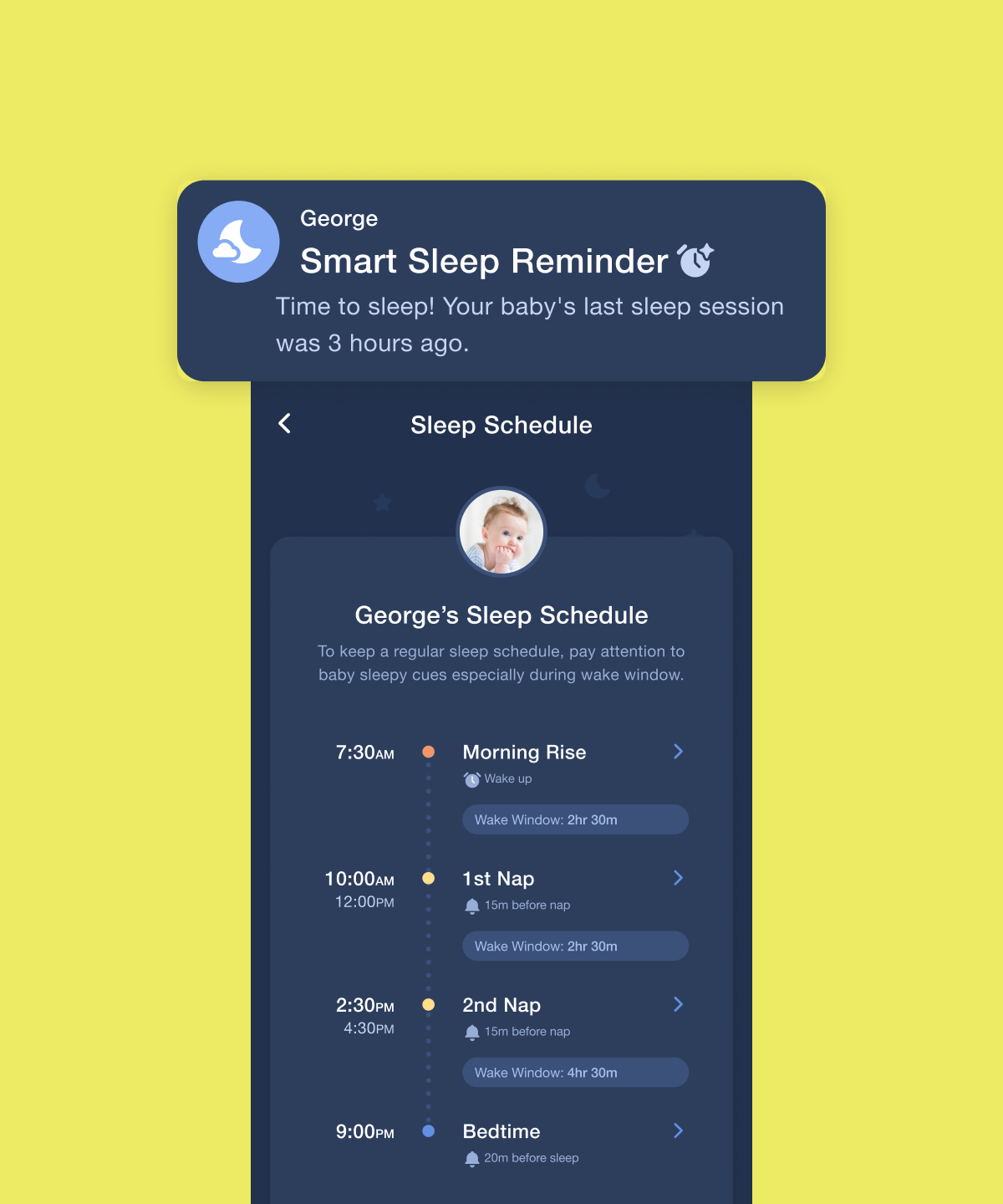 The in-development Sleep Schedule: a smart sleep reminder notification above a generated schedule of morning rise, first and second nap, and bedtime, each with its wake window.
