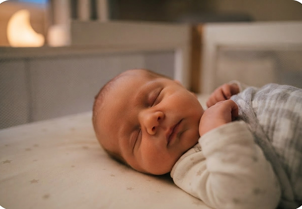 A sleeping baby in a crib, seen from above.