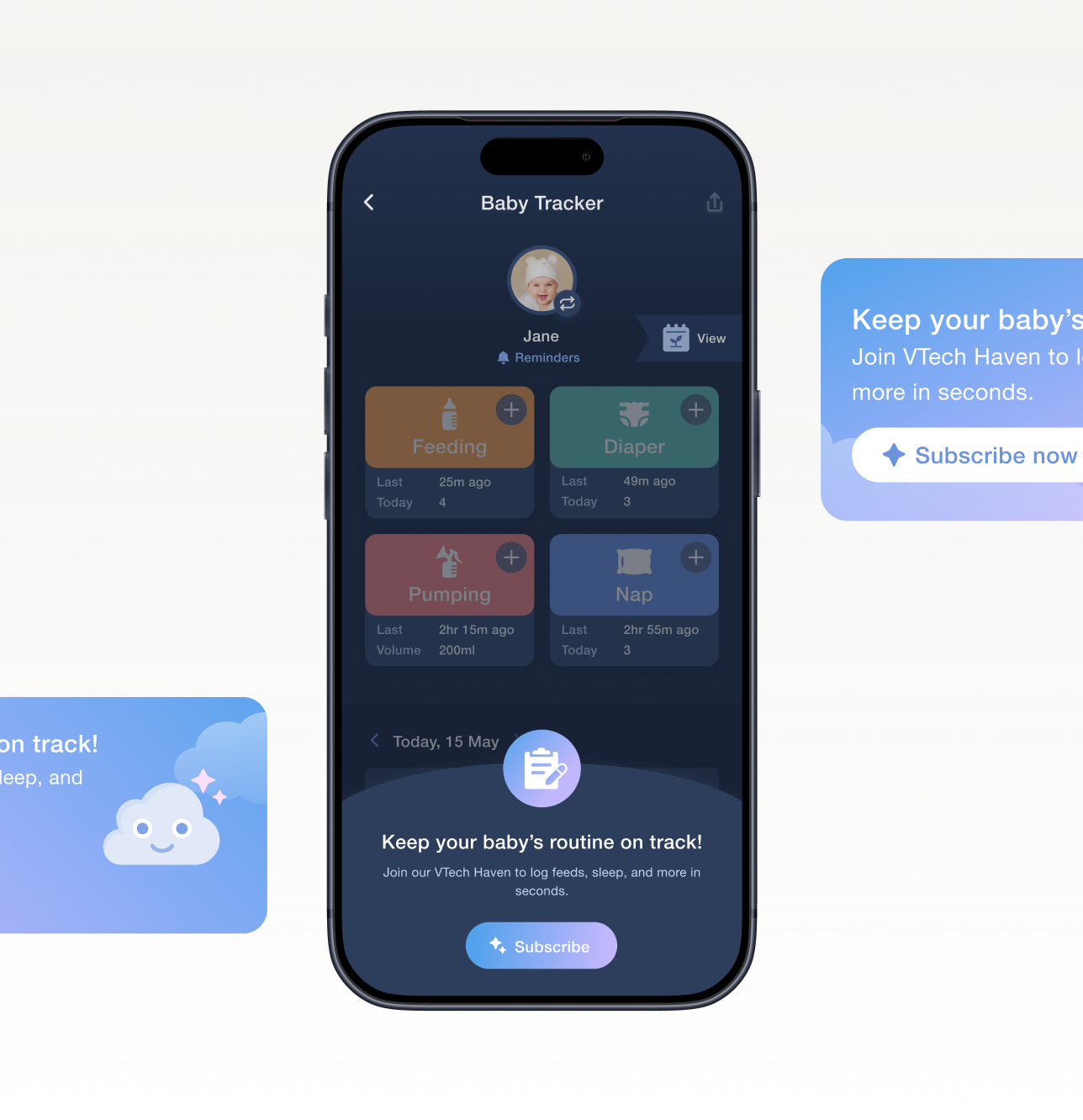 What a free user sees: the tracker cards dimmed behind a preview prompt reading “Keep your baby's routine on track! Join our VTech Haven to log feeds, sleep, and more in seconds.” above a Subscribe button — a demonstration of the feature rather than a locked screen.