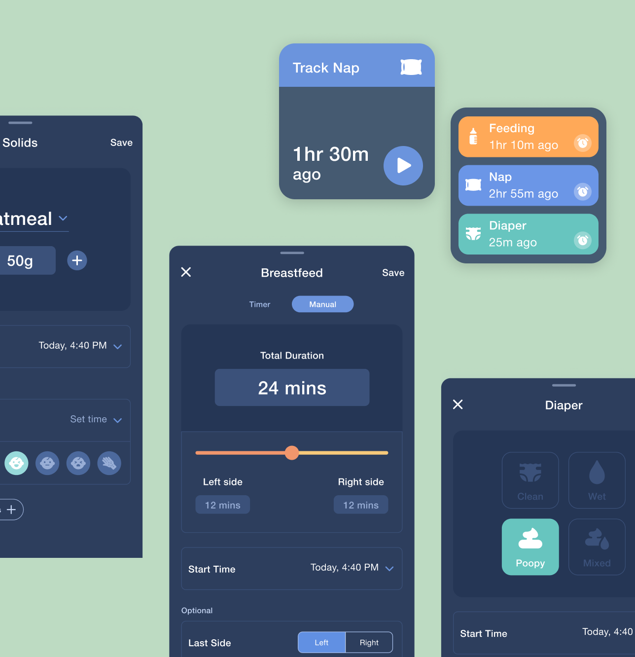 Work in progress on a faster way to log: a Track Nap widget reading “1hr 30m ago” with a play button, a quick-log stack listing Feeding, Nap and Diaper with their last times, and redesigned Breastfeed, Solids and Diaper sheets.